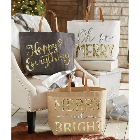 Christmas Merry Happy Holiday Jute Sequin Tote